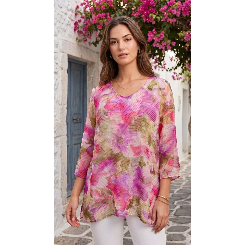 VTG Sheer Pink Multicolor Floral Tunic 3/4 Sleeve Romantic Fairycore Sz. 14/16